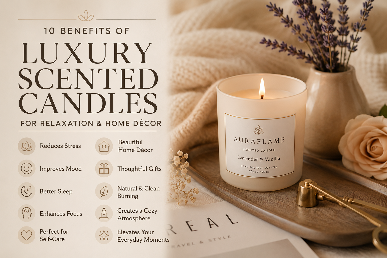Luxury scented candle with lavender flowers and cozy home décor setup creating a relaxing and elegant atmosphere for self-care and stress relief.